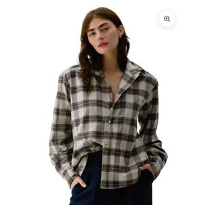 Wear Cissa Plaid Japanese Flannel Button Down‎ Cropped Shirt Cream Grey XS Crop